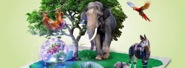 Mandai 6 Attractions Destination Pass artwork with an elephant, orangutan, macaw, okapi and manatee